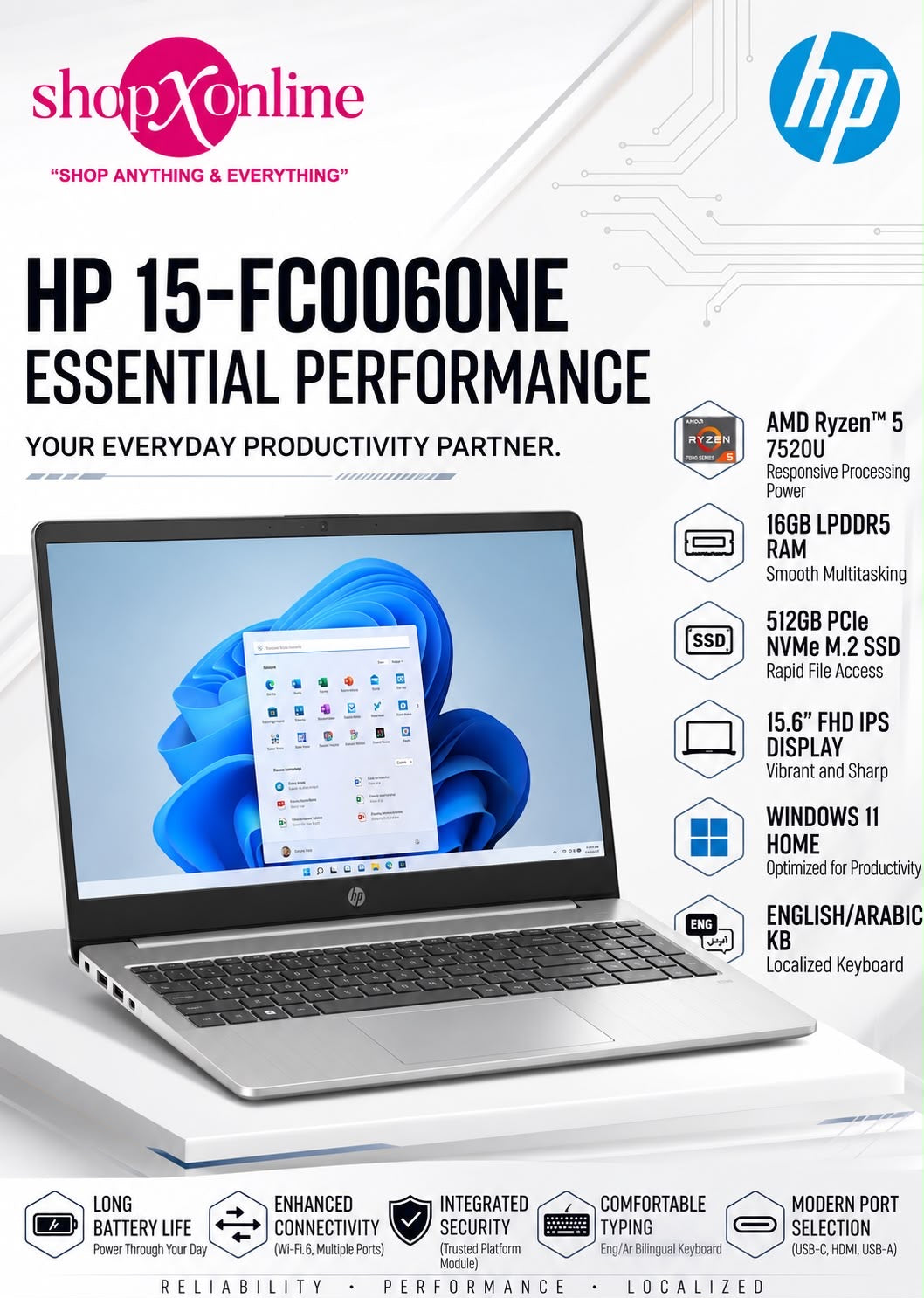 HP 15-FC0060NE Ryzen 5 7520U Laptop | 16GB LPDDR5 RAM | 512GB SSD | 15.6" FHD IPS | International Warranty